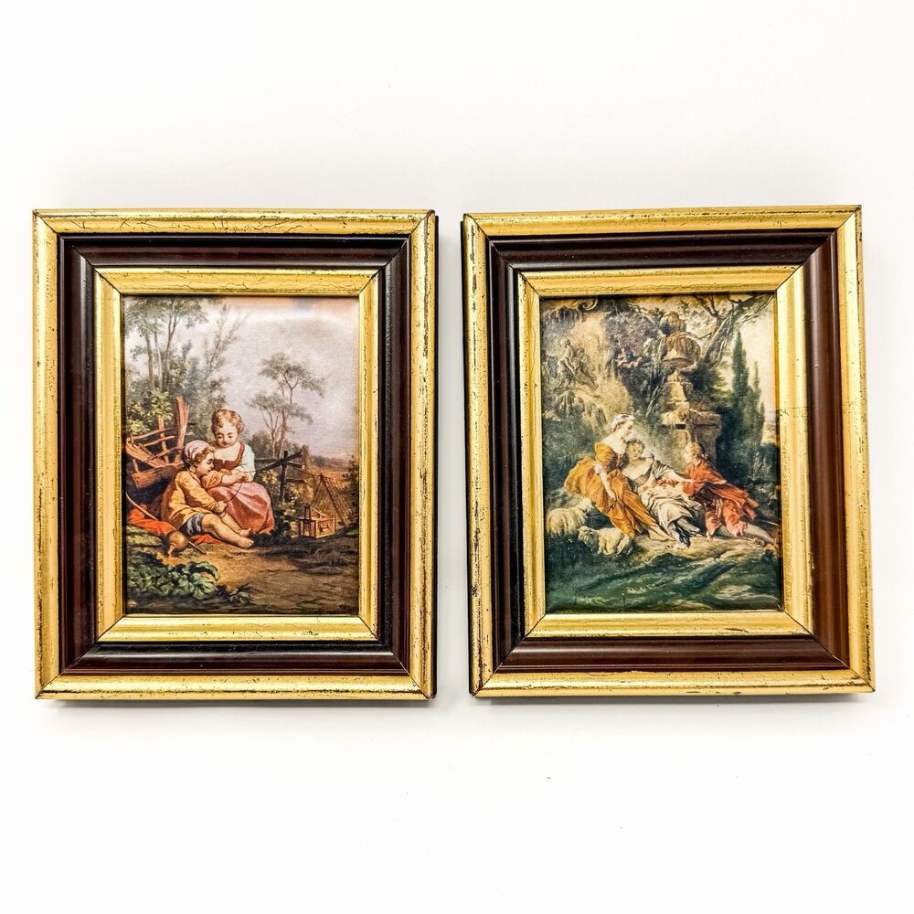 Pair Vintage Berkeley House Italian Silk Prints Rococo Pastoral Gilt Frames